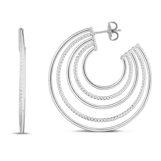 Silver Textured & Polished Alternating 5 Row Hoops With Push Back Closure.Rhodium Plated.