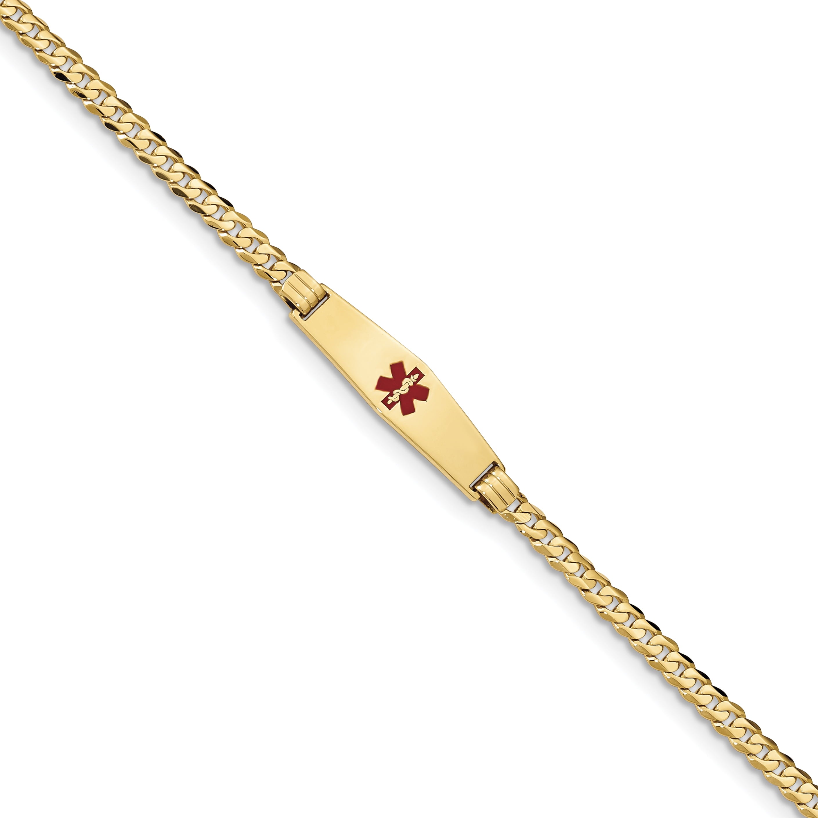 14K Medical Soft Diamond Shape Red Enamel Curb Link Id Bracelet