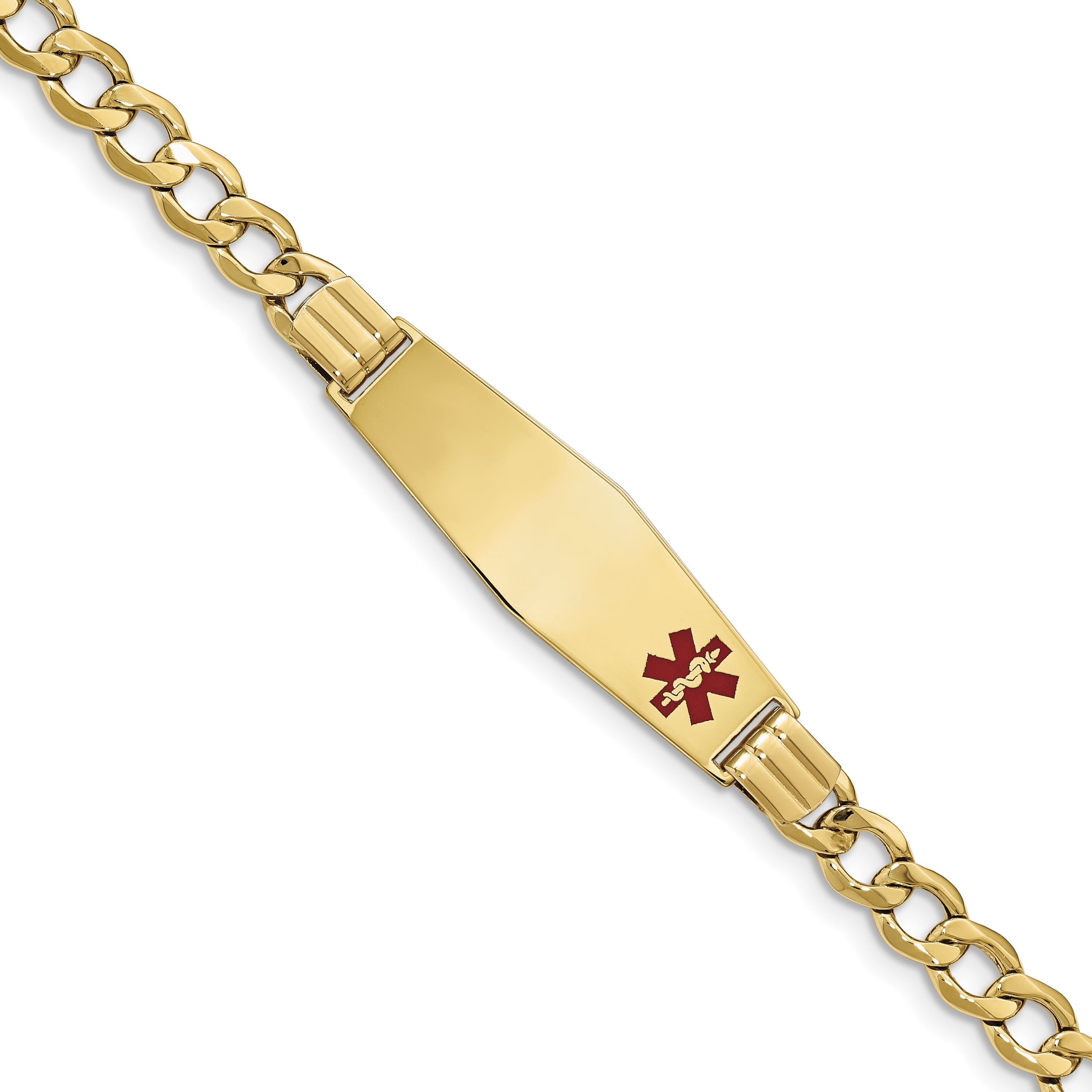 14K Semi-Solid Medical Soft Diamond Shape Red Enamel Curb Link Id Bracelet