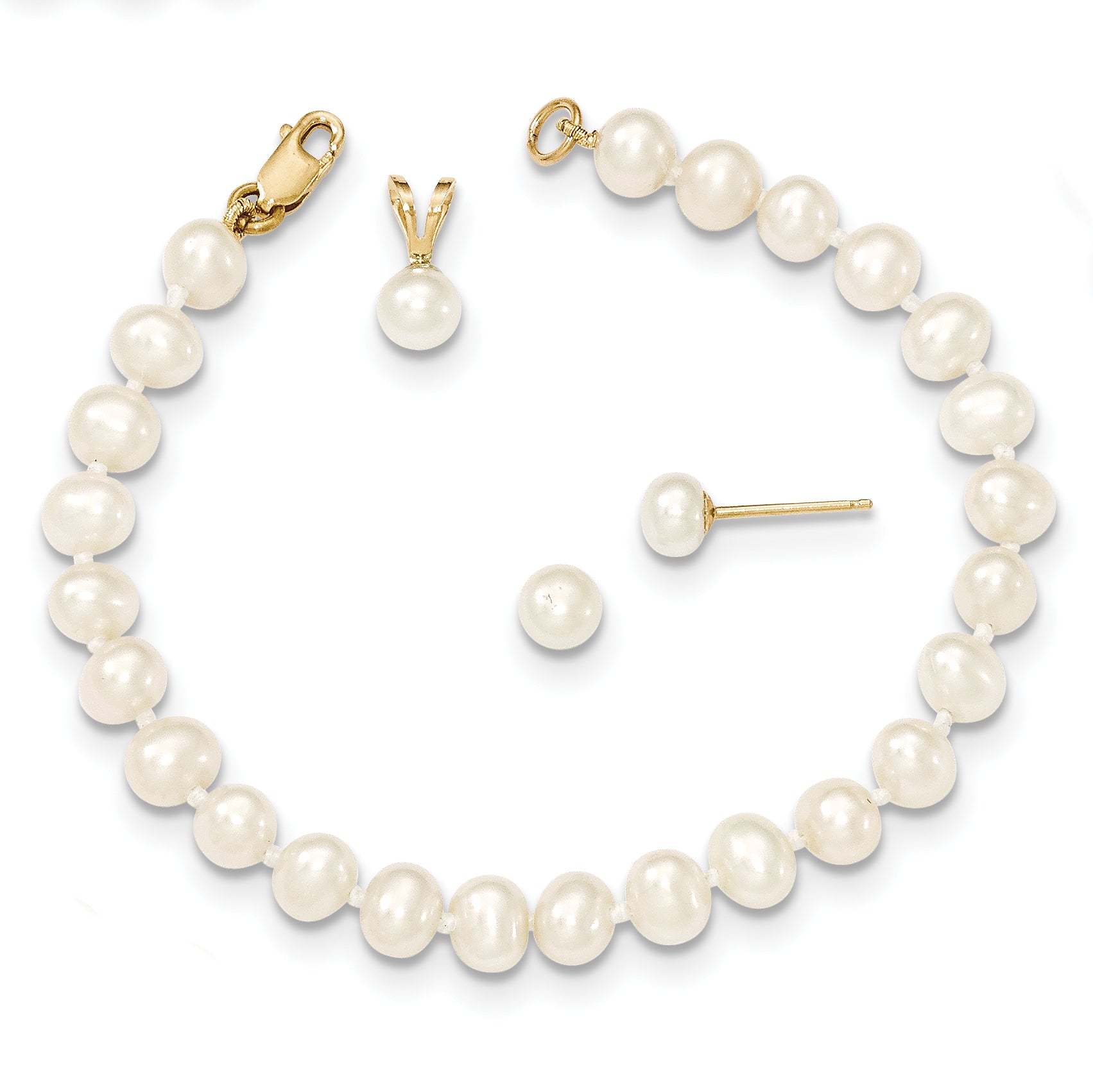 14K 4-5Mm White Fw Cultured Pearl Pendant, 5In Bracelet & Earring Set