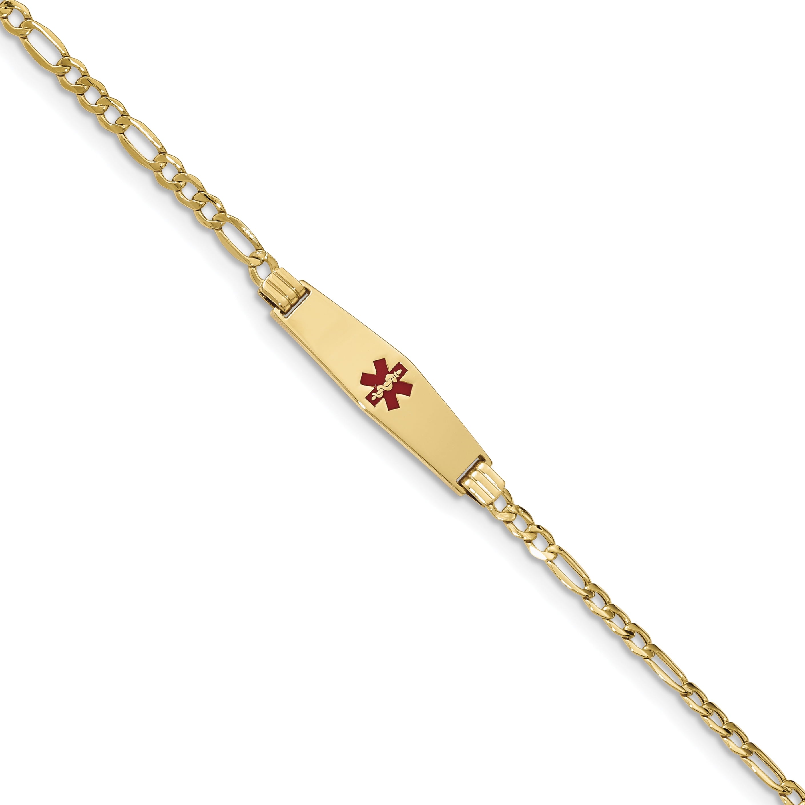 14K Medical Semi-Solid Soft Diamond Shape Red Enamel Figaro Id Bracelet