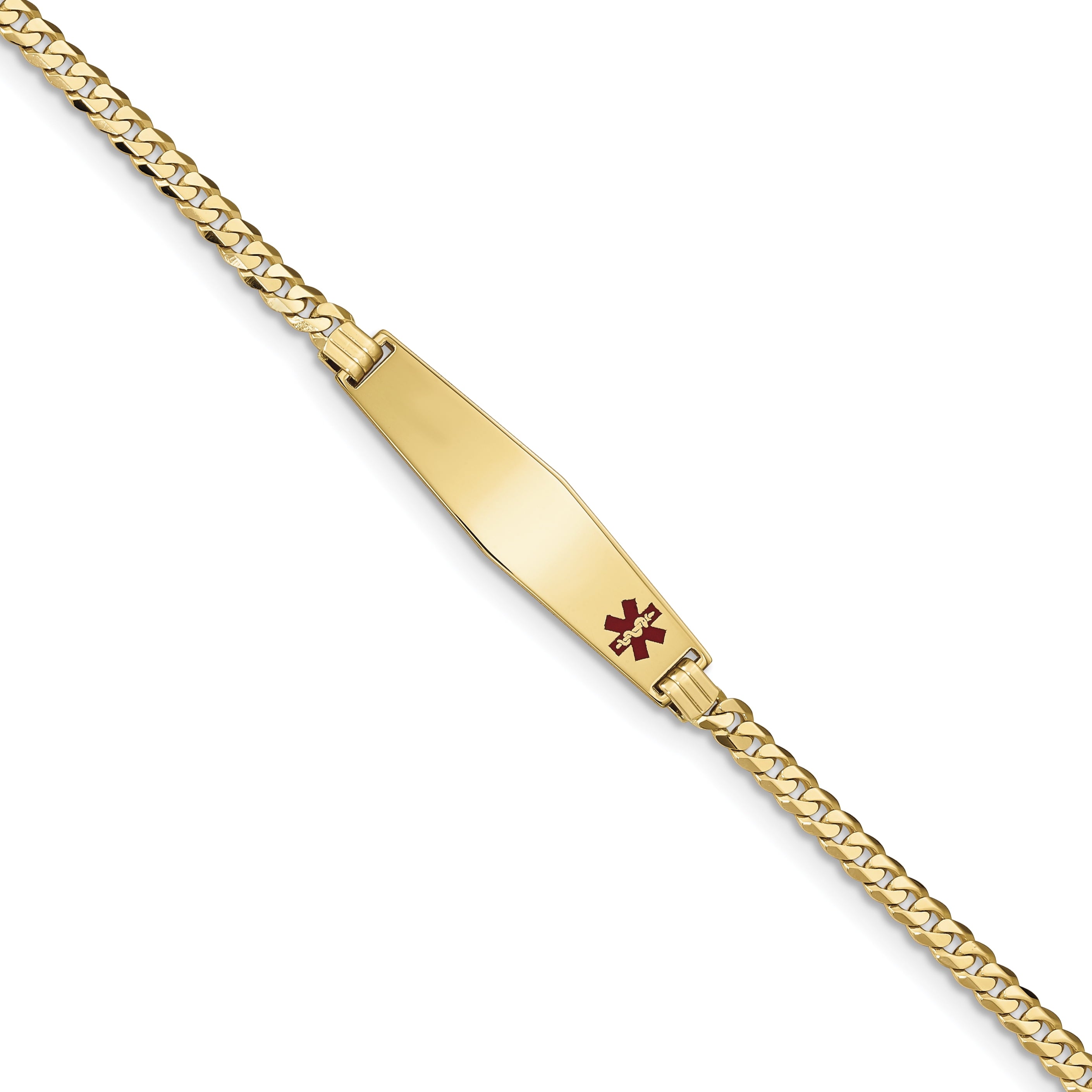 14K Medical Soft Diamond Shape Red Enamel Flat Curb Link Id Bracelet