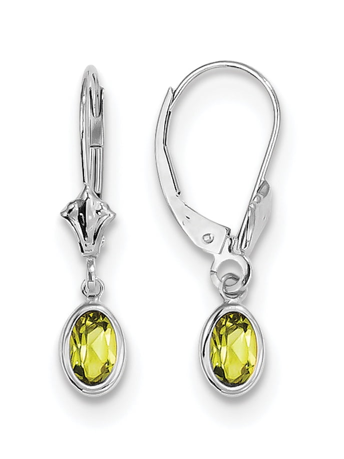 14K White Gold 6X4 Oval Bezel August/Peridot Leverback Earrings