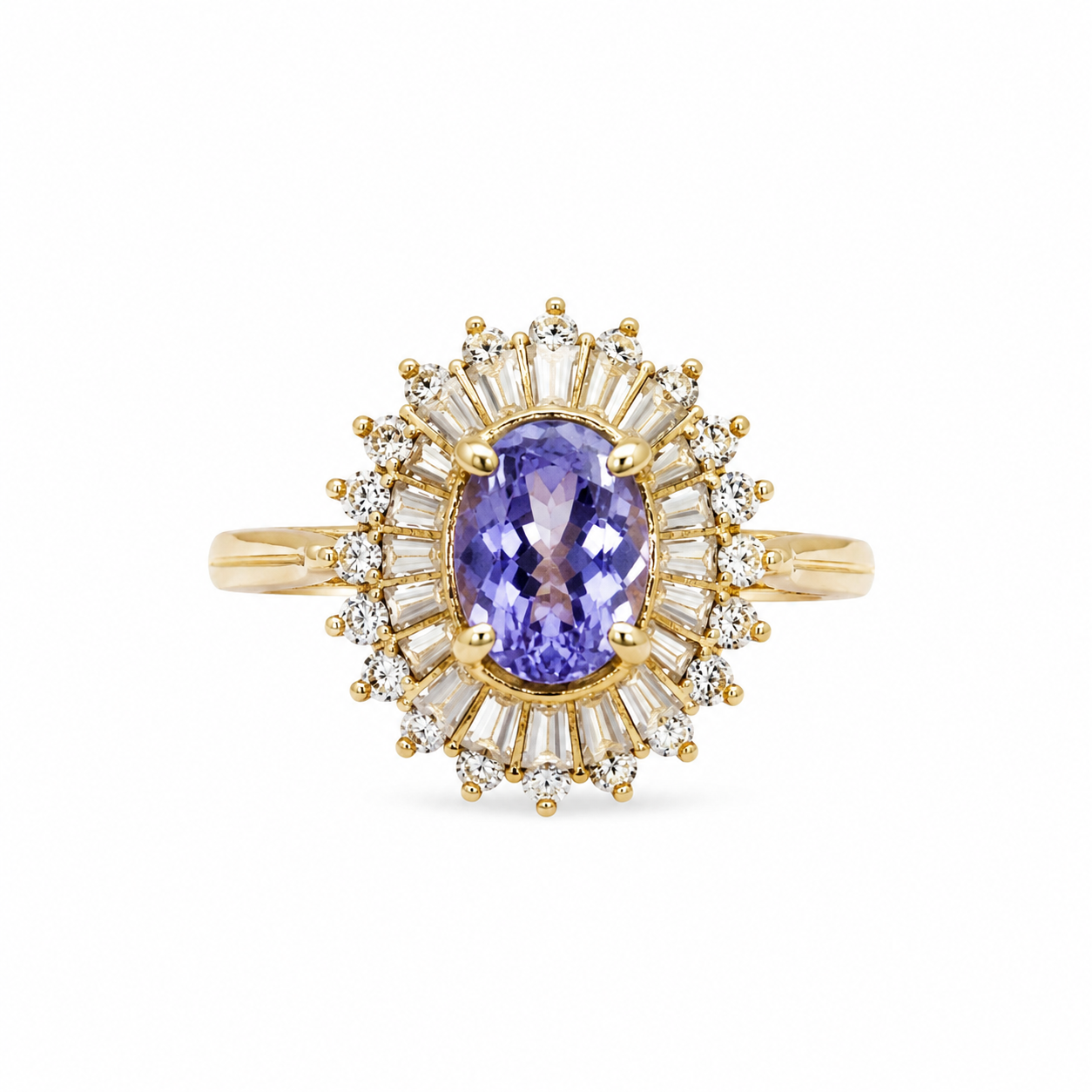 14KT Yellow Gold 0.65 CTW 0.65 STW Tanzanite Diamond Ring [K21H]