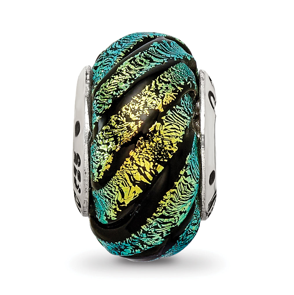 Sterling Silver Reflections Green Swirl Dichroic Glass Bead Size: 14.55MM X 10MM