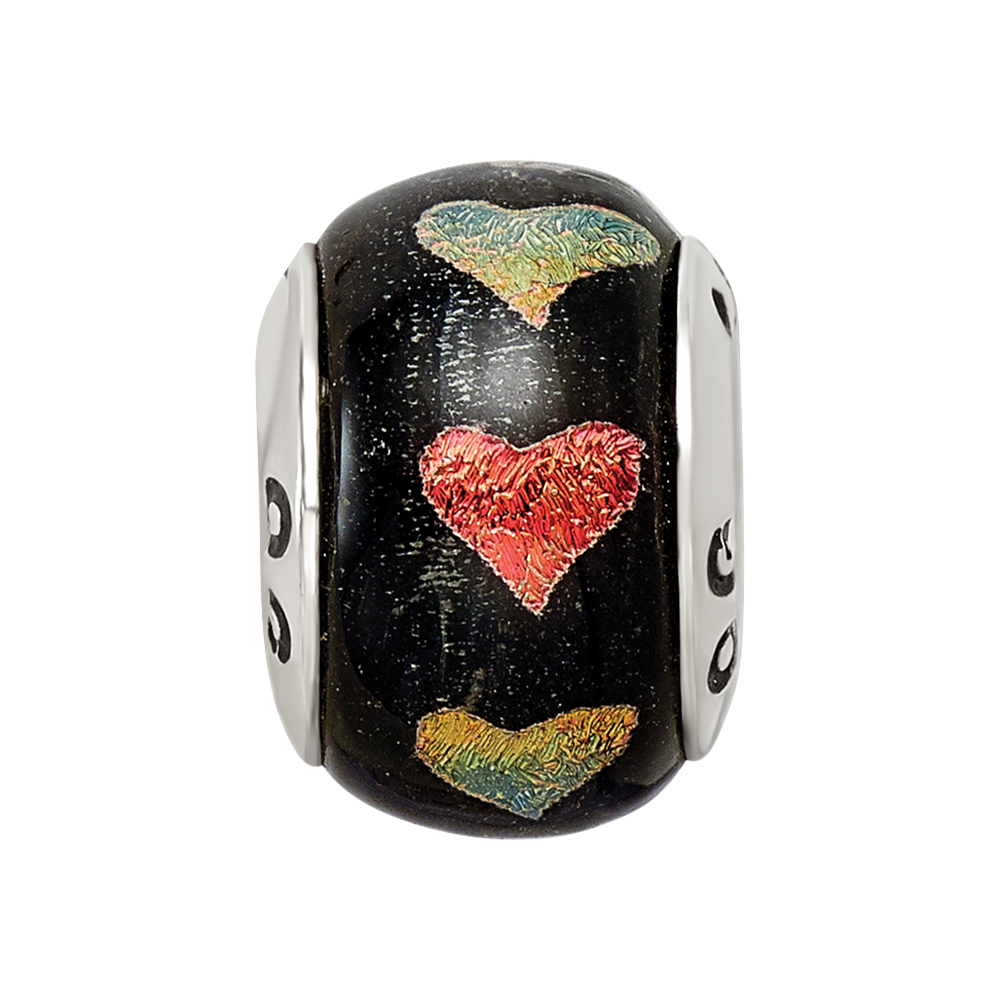 Sterling Silver Reflections Orange/Green Hearts Dichroic Glass Bead
