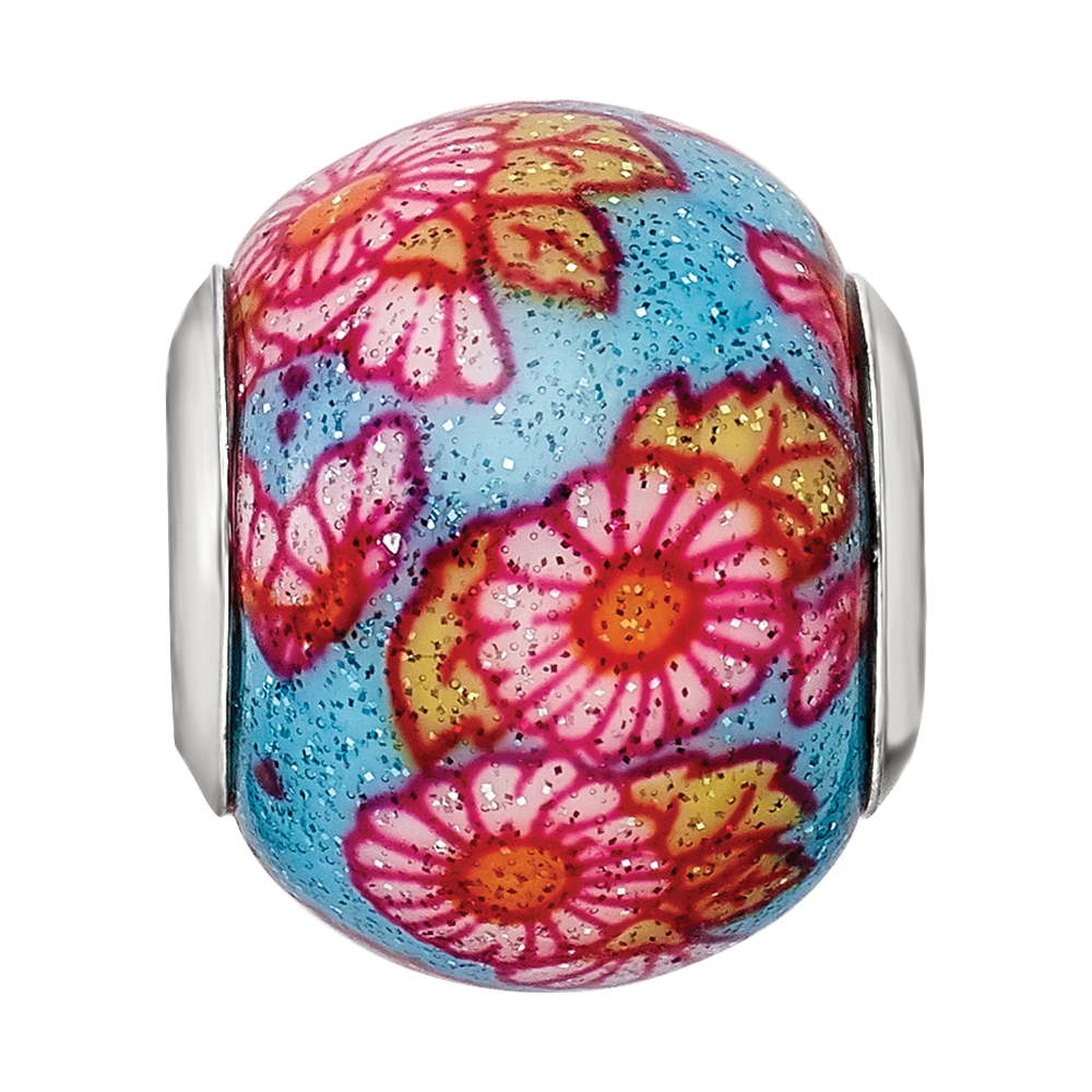 Sterling Silver Reflections Italian Multicolor Floral Overlay Glass Bead
