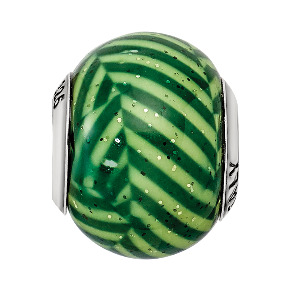 Sterling Silver Reflections Italian Green Stripes w/Glitter Glass Bead