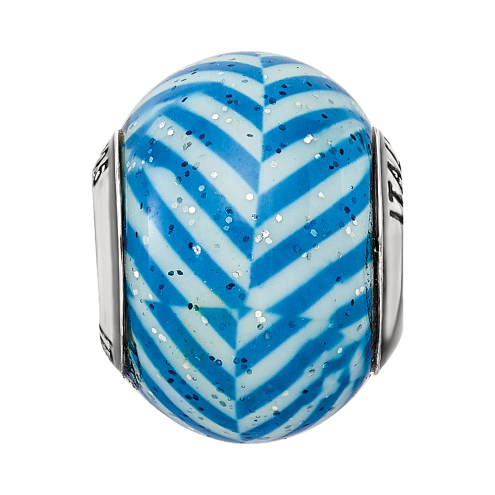 Sterling Silver Reflections Italian Blue Stripes w/Glitter Glass Bead