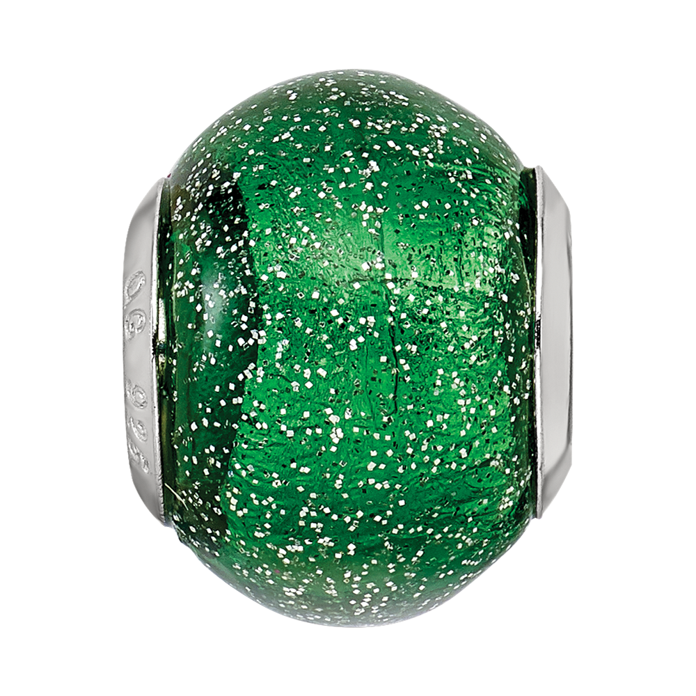Sterling Silver Reflections Italian Green w/Silver Glitter Glass Bead