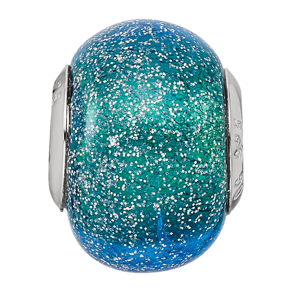 Sterling Silver Reflections Italian Blue & Teal w/Silver Glitter Glass Bead