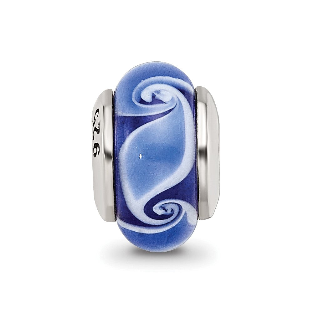 Kids Collection Sterling Silver Hand-blown Blue Glass Wave Pattern Reflections Bead