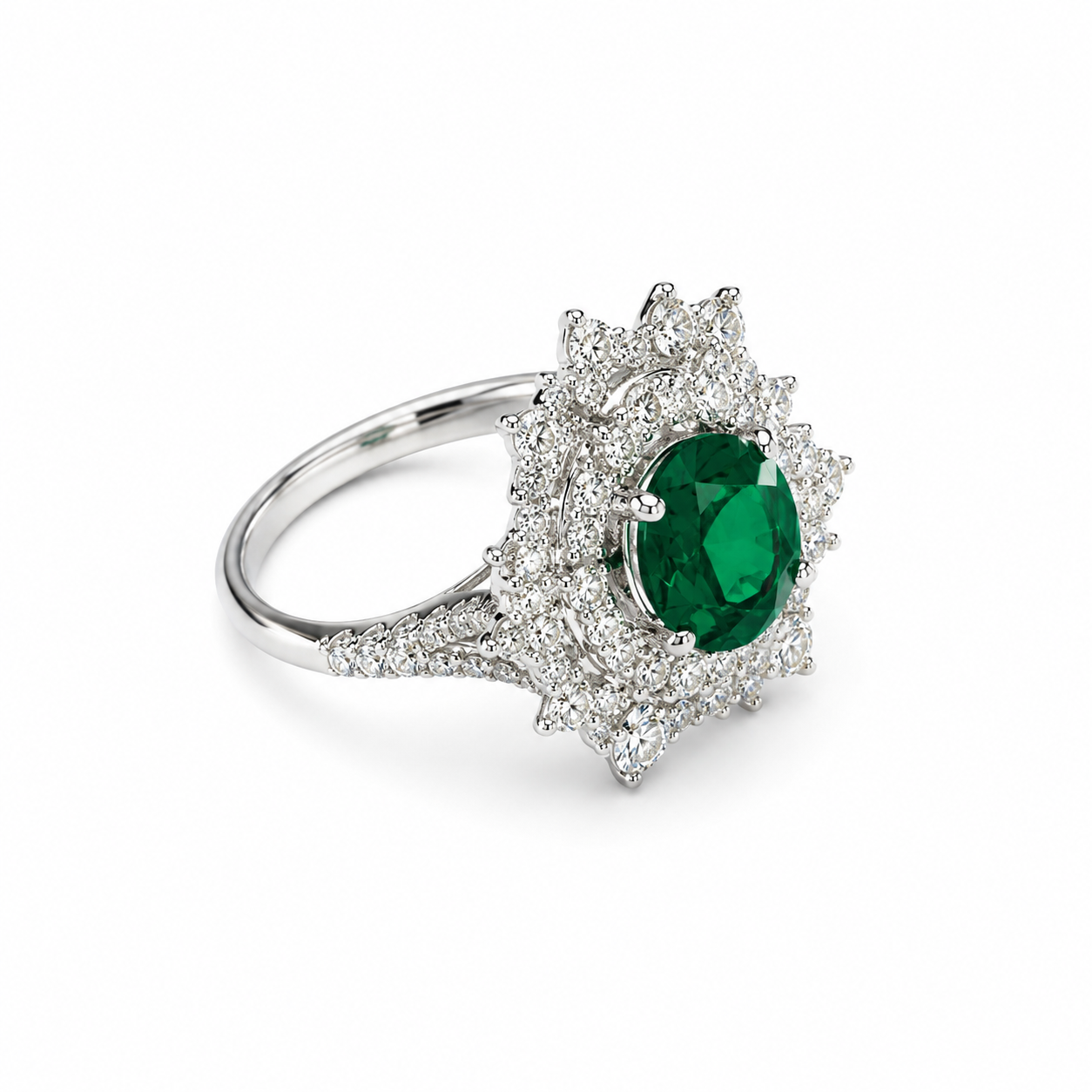 18KT White Gold 1.36 CTW 2.05 STW Emerald Diamond Ring [K95H]