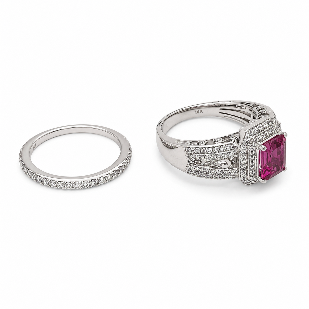14KT White Gold 0.75 CTW 1.01 STW Pink Sapphire Diamond Bridal Ring [K4T]