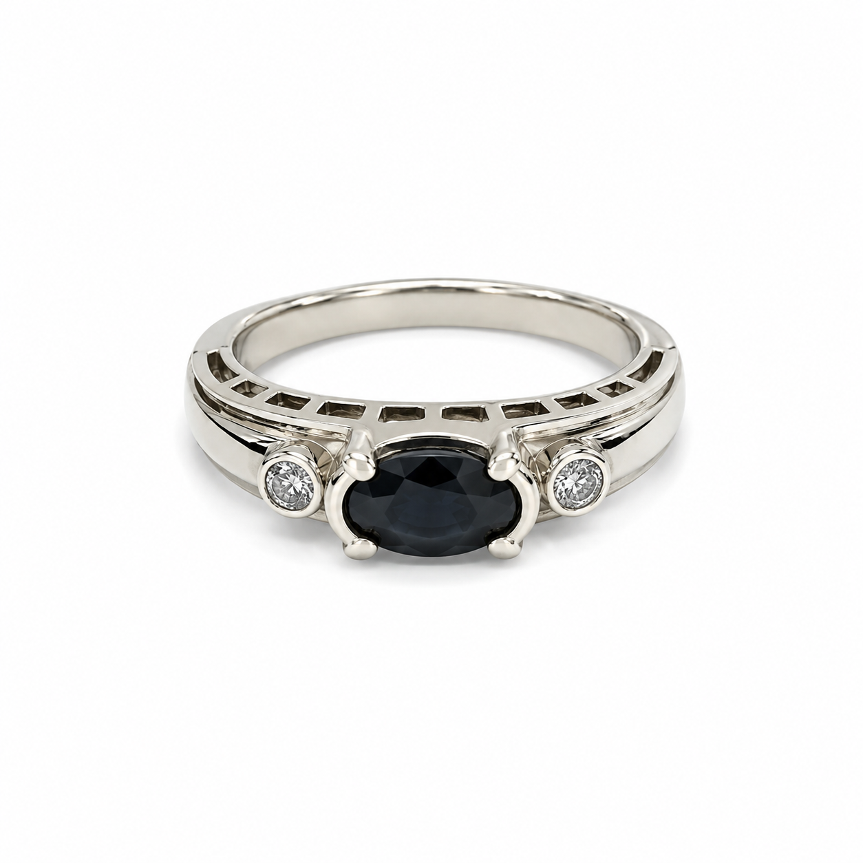 14KT White Gold 0.15 CTW 0.55 STW Blue Sapphire Diamond Ring [K18H]