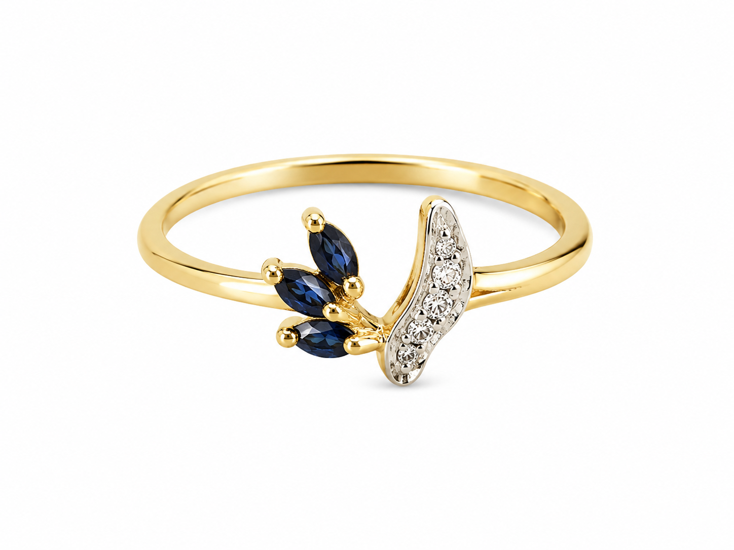 14KT Yellow Gold 0.02 CTW 0.10 STW Blue Sapphire Diamond Ring [K8H]