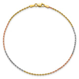 14k Tri-Color 1.5mm Diamond-cut Rope Chain Anklet