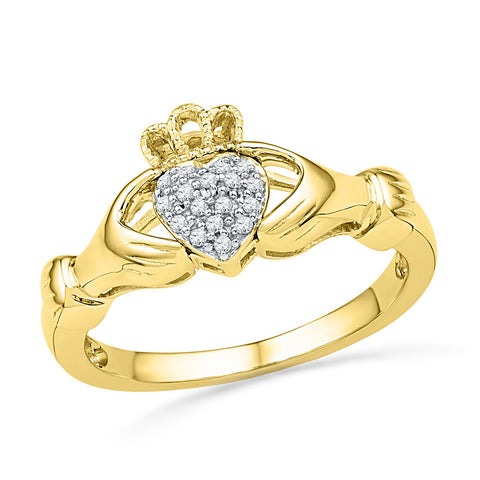 10kt Yellow Gold Womens Round Diamond Claddagh Hands & Heart Cluster Ring 1/20 Cttw 100533 - shirin-diamonds