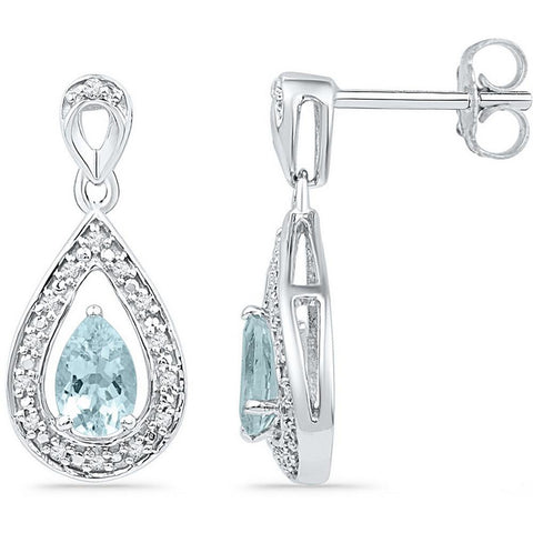 10k White Gold Diamond & Lab-Created Aquamarine Teardrop Dangle Screwback Earrings 5/8 Cttw 100670 - shirin-diamonds