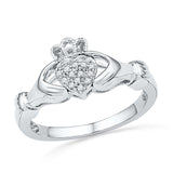 10kt White Gold Womens Round Diamond Claddagh Hands & Heart Cluster Ring 1/20 Cttw 100890 - shirin-diamonds