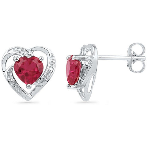 10kt White Gold Womens Round Lab-Created Ruby Heart Love Earrings 3/8 Cttw 100990 - shirin-diamonds