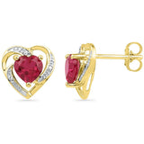 10kt Yellow Gold Womens Round Lab-Created Ruby Heart Love Earrings 3/8 Cttw 100997 - shirin-diamonds
