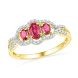 10kt Yellow Gold Womens Oval Lab-Created Ruby 3-stone Diamond Frame Ring 7/8 Cttw 101167 - shirin-diamonds