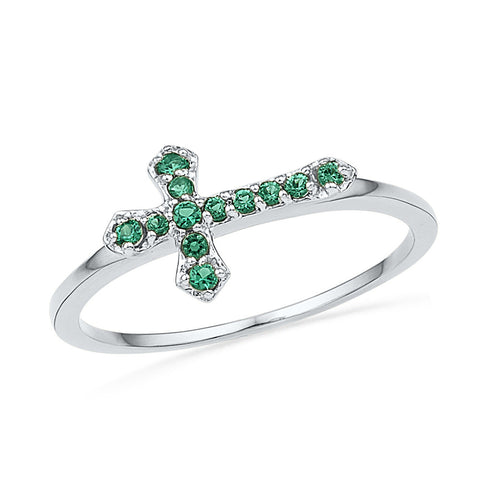 Sterling Silver Womens Round Lab-Created Emerald Cross Faith Ring 1/8 Cttw 101169 - shirin-diamonds