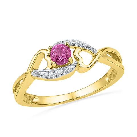10kt Yellow Gold Womens Round Lab-Created Pink Sapphire Diamond Heart Ring 1/20 Cttw 101266 - shirin-diamonds