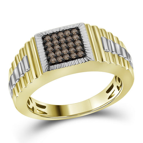 10kt Yellow Gold Mens Round Cognac-brown Colored Diamond Square Cluster Ribbed Ring 1/4 Cttw 101387 - shirin-diamonds
