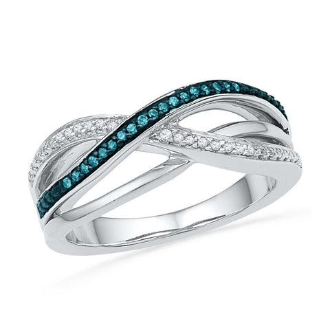 10kt White Gold Womens Round Blue Colored Diamond Crossover Band Ring 1/10 Cttw 101393 - shirin-diamonds