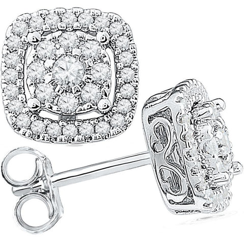 10kt White Gold Womens Round Diamond Framed Square Cluster Screwback Earrings 1/2 Cttw 101771 - shirin-diamonds