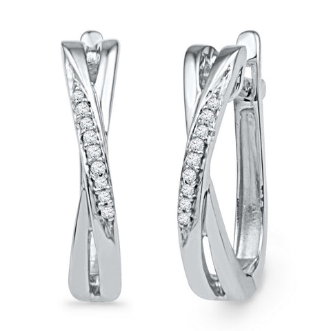 10kt White Gold Womens Round Diamond Slender Crossover Hoop Earrings 1/20 Cttw 101926 - shirin-diamonds