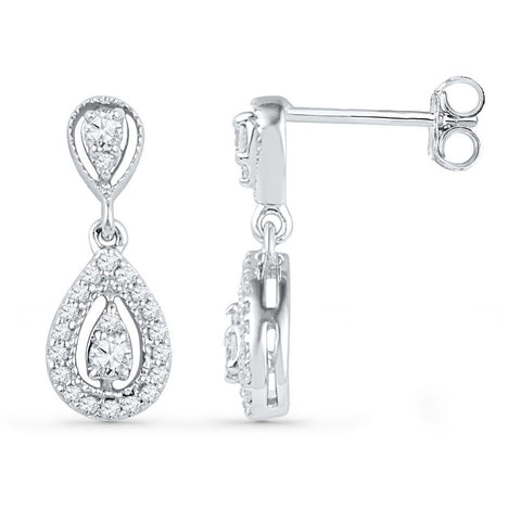 10kt White Gold Womens Round Diamond Teardrop Dangle Screwback Earrings 1/3 Cttw 101948 - shirin-diamonds