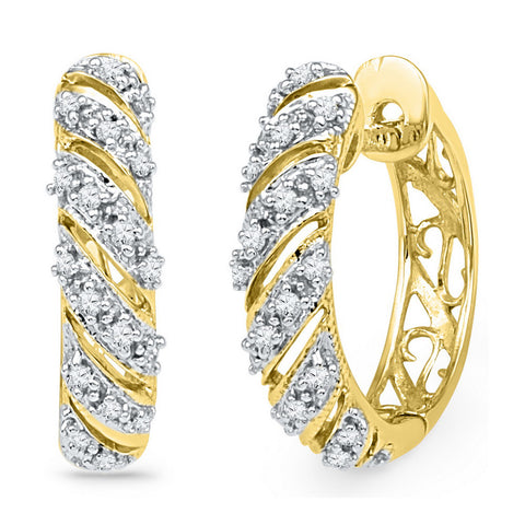 10kt Yellow Gold Womens Round Diamond Diagonal Stripe Hoop Earrings 1/6 Cttw 101951 - shirin-diamonds