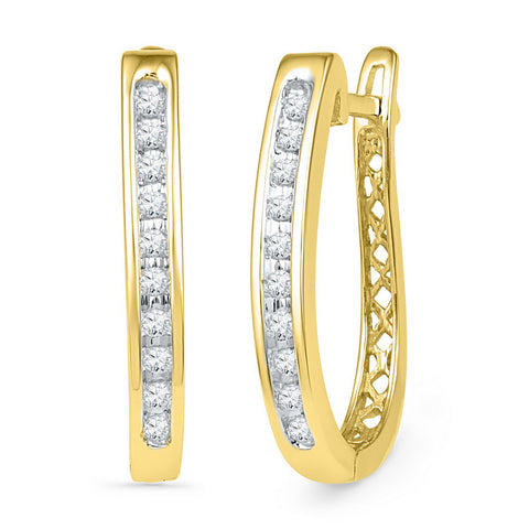 10kt Yellow Gold Womens Round Diamond Slender Single Row Oblong Hoop Earrings 1/5 Cttw 101966 - shirin-diamonds