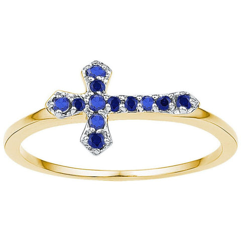 10kt Yellow Gold Womens Round Lab-Created Blue Sapphire Cross Faith Ring 1/8 Cttw 103824 - shirin-diamonds