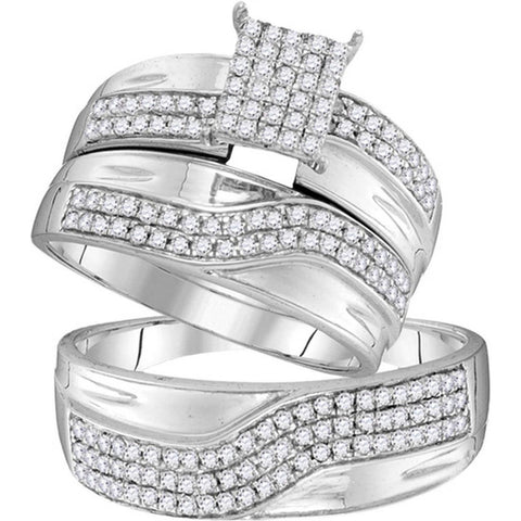 10kt White Gold His & Hers Round Diamond Cluster Matching Bridal Wedding Ring Band Set 3/4 Cttw 104103 - shirin-diamonds