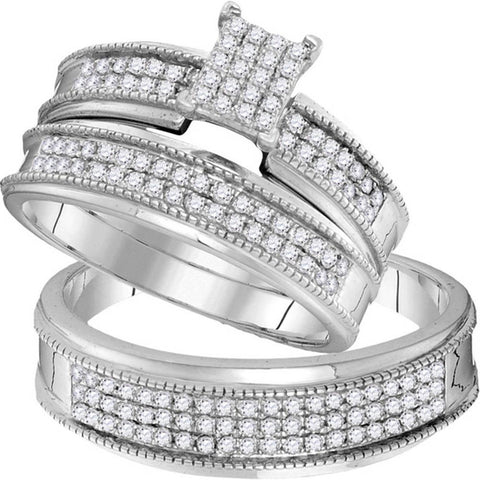 10kt White Gold His & Hers Round Diamond Cluster Matching Bridal Wedding Ring Band Set 3/4 Cttw 104105 - shirin-diamonds