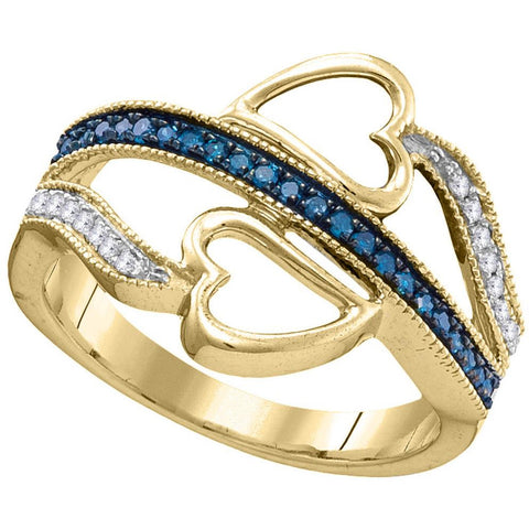 10kt Yellow Gold Womens Round Blue Colored Diamond Double Heart Love Ring 1/5 Cttw 104359 - shirin-diamonds
