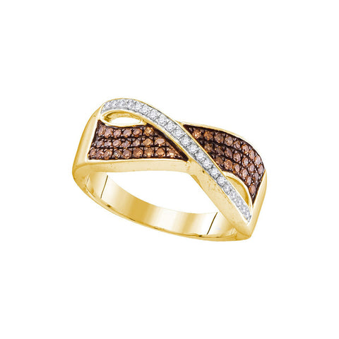 10kt Yellow Gold Womens Round Cognac-brown Colored Diamond Crossover Band Ring 1/3 Cttw 104405 - shirin-diamonds