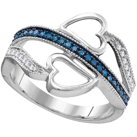 10kt White Gold Womens Round Blue Colored Diamond Heart Love Ring 1/5 Cttw 104417 - shirin-diamonds