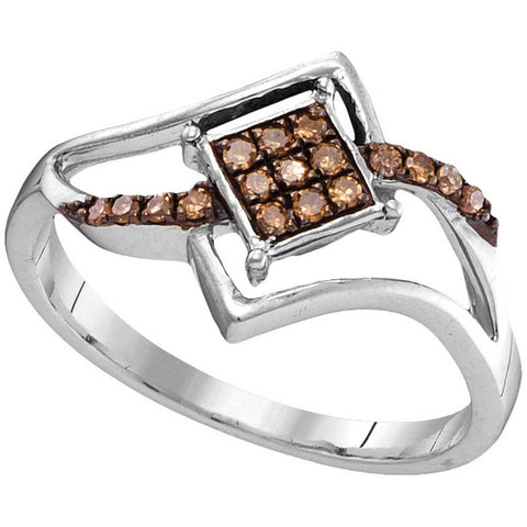 10kt White Gold Womens Round Cognac-brown Colored Diamond Square Cluster Ring 1/6 Cttw 104425 - shirin-diamonds