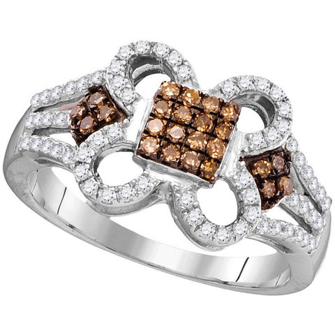 10kt White Gold Womens Round Cognac-brown Colored Diamond Quatrefoil Square Cluster Ring 3/8 Cttw 104441 - shirin-diamonds
