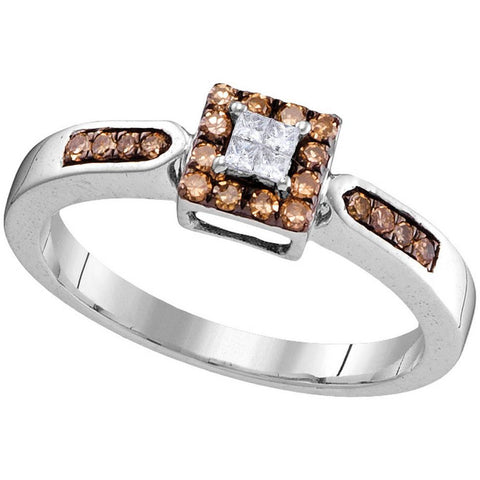 10kt White Gold Womens Round Cognac-brown Colored Diamond Square Cluster Ring 1/4 Cttw 104449 - shirin-diamonds