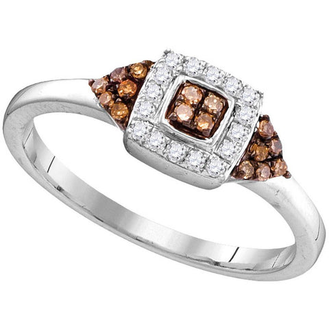 10kt White Gold Womens Round Cognac-brown Colored Diamond Square Cluster Ring 1/5 Cttw 104458 - shirin-diamonds