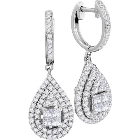 14kt White Gold Womens Princess Round Diamond Teardrop Frame Cluster Earrings 1-1/10 Cttw 104786 - shirin-diamonds