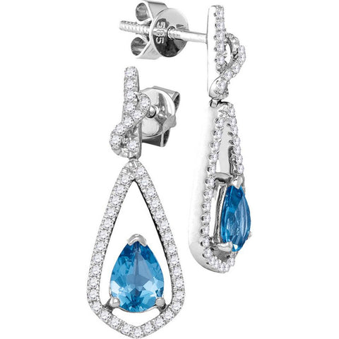 14kt White Gold Womens Pear Blue Topaz Solitaire Teardrop Diamond Frame Dangle Earrings 1/3 Cttw 105001 - shirin-diamonds