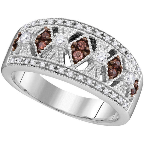 10kt White Gold Womens Round Cognac-brown Colored Diamond Milgrain Symmetrical Band Ring 1/3 Cttw 105797 - shirin-diamonds