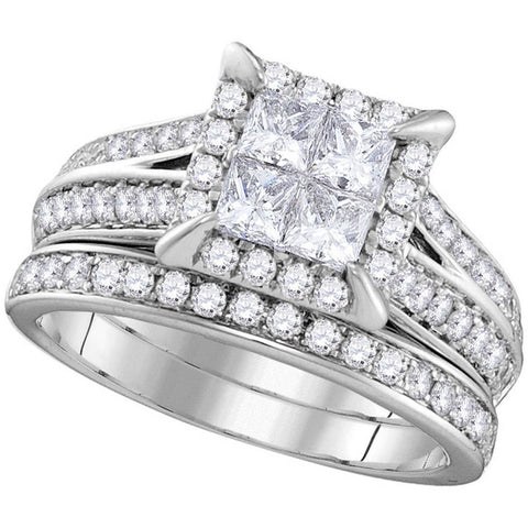14kt White Gold Womens Princess Diamond Square Halo Bridal Wedding Engagement Ring Band Set 1-1/2 Cttw 106169 - shirin-diamonds